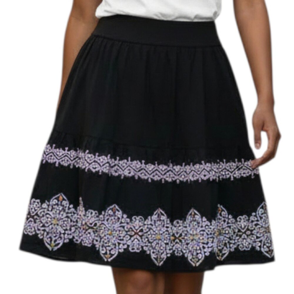 WHBM Black Skirt White Embroidery with Gold Silver Bead Embellishments - Size 2